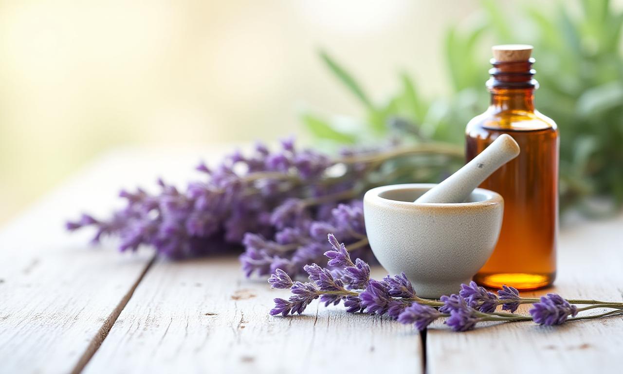 Dried lavender and mortar on a clean desk